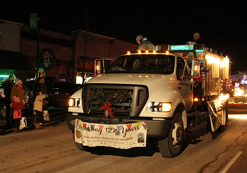A truck from the D.C. Booth Historic National Fish Hatchery during the annual Holidazzle Parade in Spearfish, South Dakota.