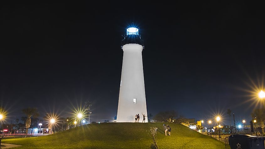 The lighthouse at Port Isabel, Texas, at night.