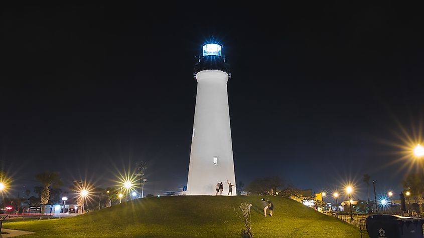 The lighthouse at Port Isabel, Texas, at night.