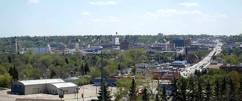 View of downtown Minot, North Dakota, from the hill below the Grand International Inn