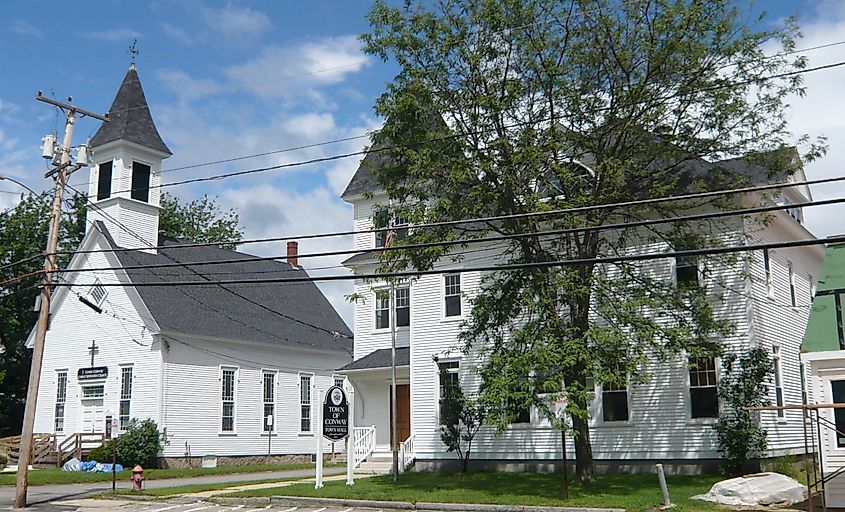 Town Hall (right), and United Methodist Church (left), in Conway, New Hampshire
