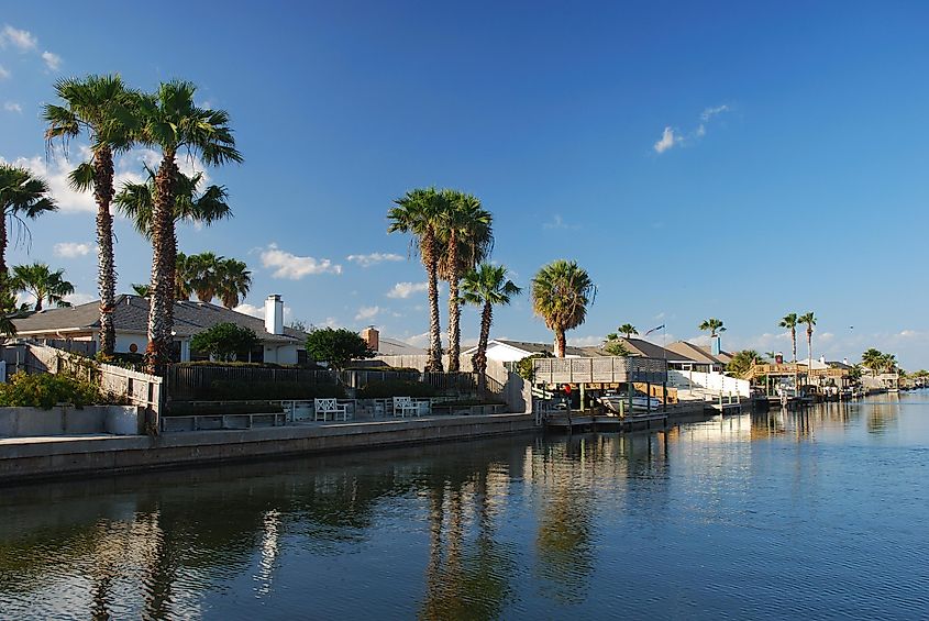 Waterside homes in Padre Island, Texas.