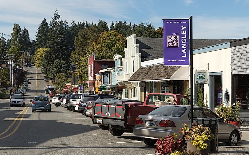 Cars parked along the Main street in Langley, Washington.