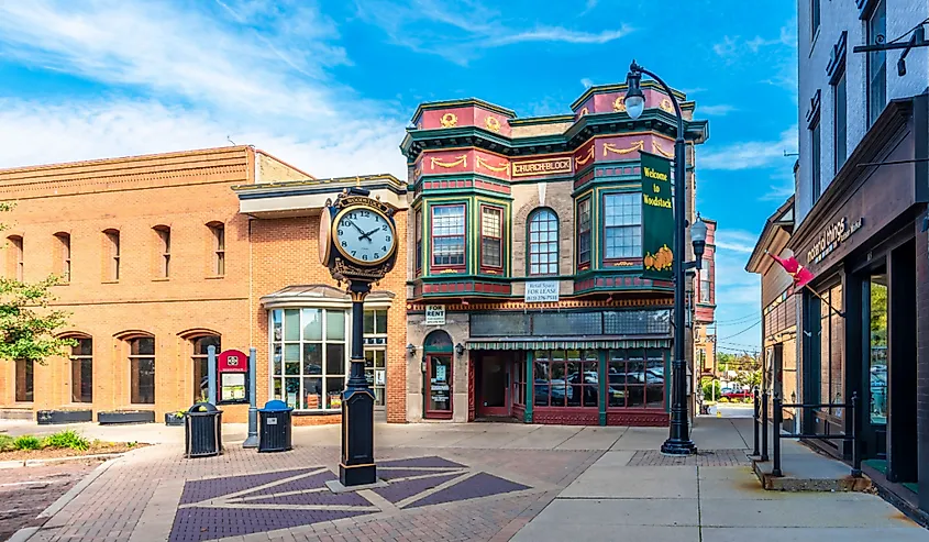 Street view and town clock in Woodstock Town of Illinois