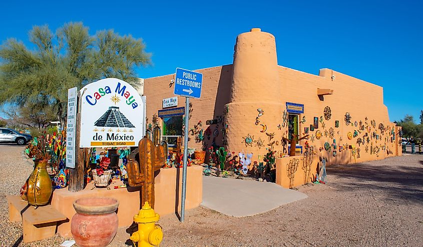 Historic adobe style buildings featured with handcraft arts around Tubac Plaza in historic town center of Tubac, Santa Cruz County, Arizona