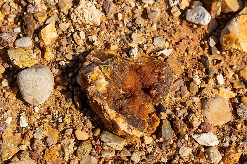 Beautiful botryoidal chalcedony geode resting on the raw ground.