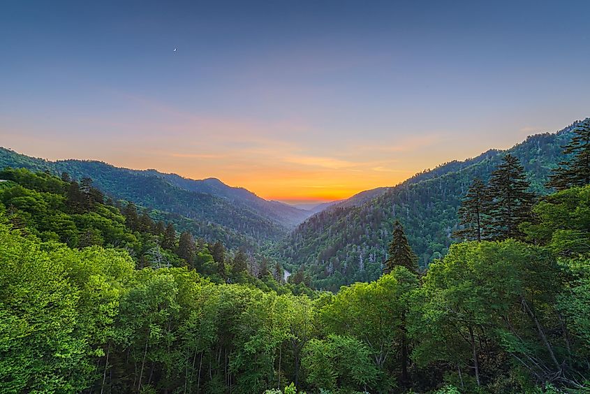 Newfound Gap in the Great Smoky Mountains National Park, straddling the border of Tennessee and North Carolina after sunset in the summer