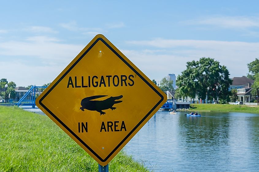Alligators in Area sign on Bayou St. John in New Orleans, Louisiana