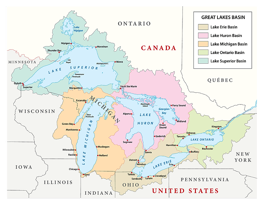Map of the Great Lakes of North America.