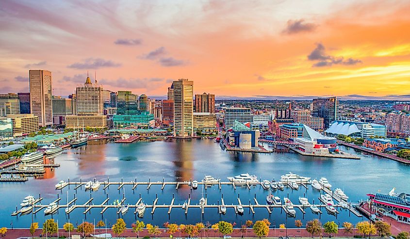 Baltimore Maryland MD Inner Harbor Skyline Aerial.