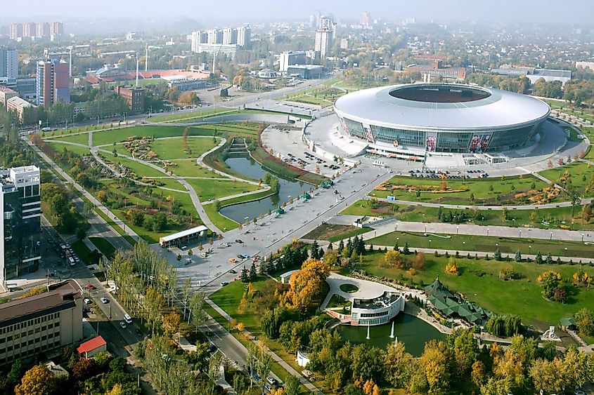 Aerial view of Donbas Arena soccer stadium in Donetsk, Ukraine