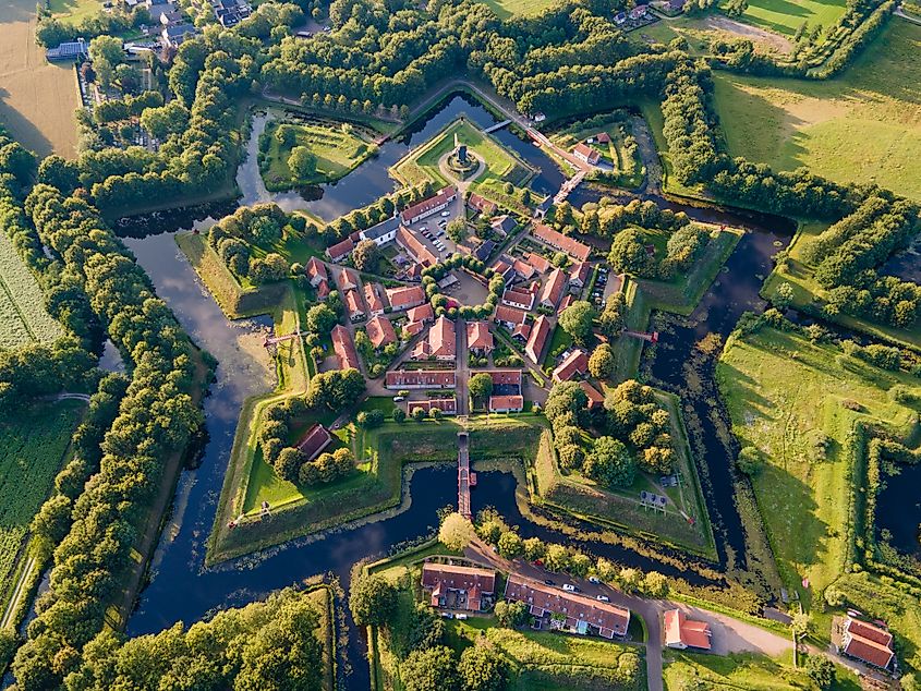 Aerial view of Bourtange Fortress at sunset in the Province of Groningen, Netherlands, star-shaped fortress near the German border