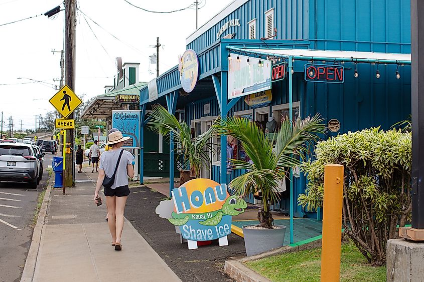 Downtown Kapa'a, Kauai, Hawaii, with shops and picturesque streets in the island's busiest town, known for its vibrant shopping district