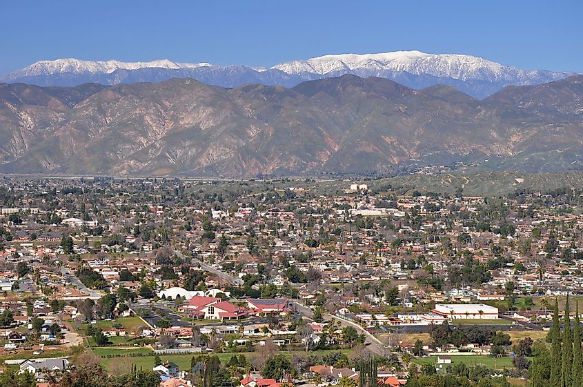 Snow-capped Mount San Gorgonio stands tall above the towns of Hemet and San Jacinto in Southern California