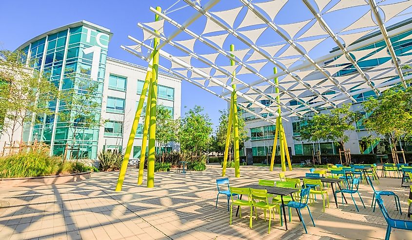 Green and blue chairs and structures at the Google Tech Campus in Sunnyvale, California