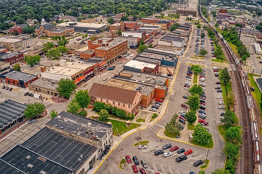 Aerial view of downtown Ames, Iowa, during summer