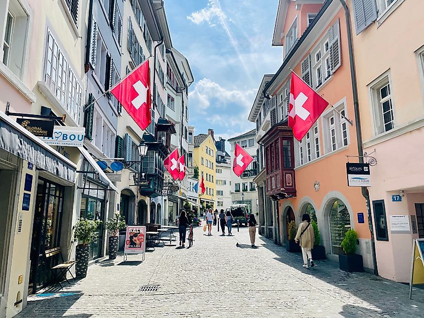 Swiss Flags in Zurich, Switzerland. Editorial credit: Gerry H / Shutterstock.com