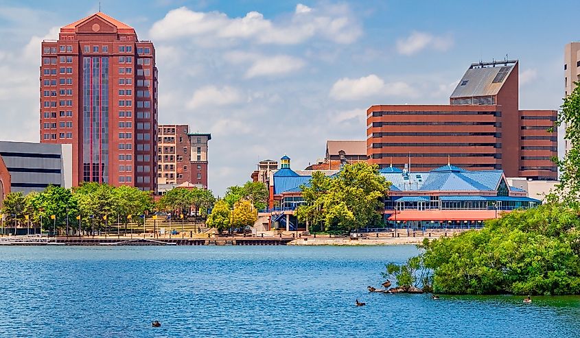 Downtown Toledo Ohio is filled with multi colored architecture that sits alongside the Maumee River.