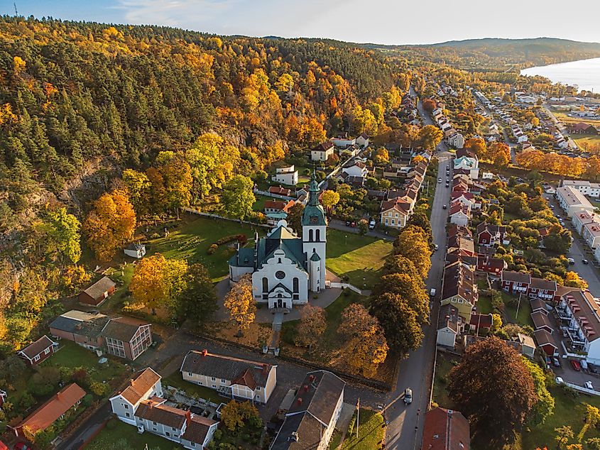 Aerial view of the Gränna church in Gränna, Sweden.