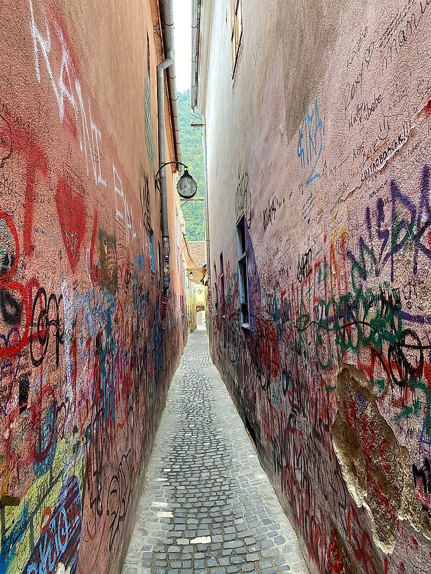A very narrow brick-lined street with walls covered in graffiti. 