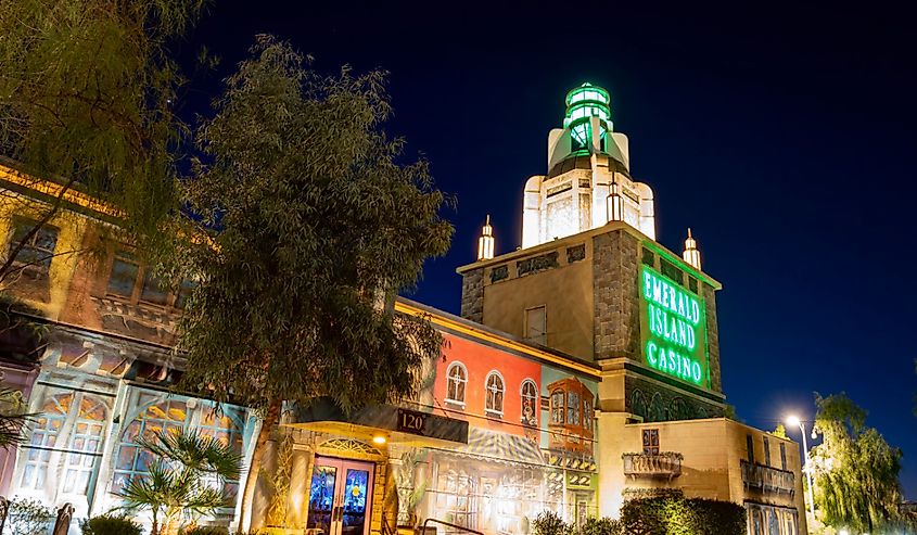  Night view of the beautiful Emerald Island Casino in Water Street District in Henderson