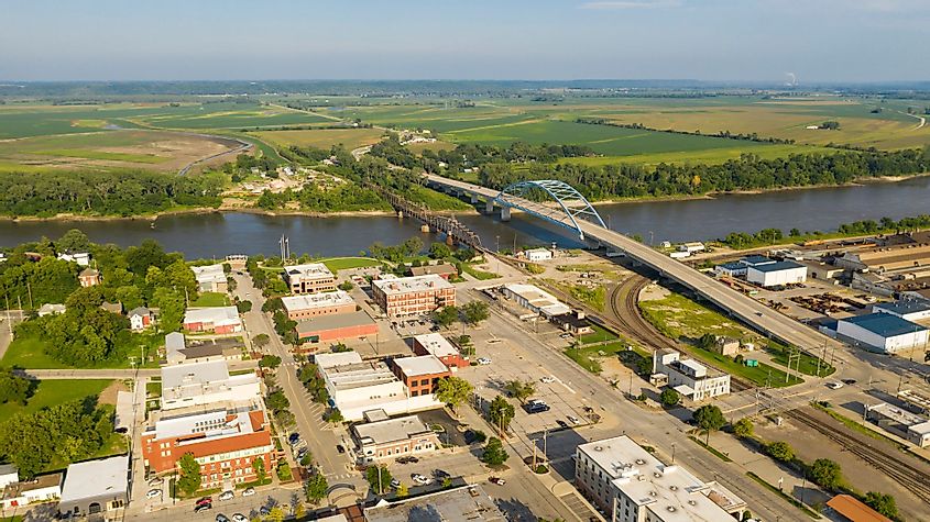 Aerial view over downtown city center of Atchison, Kansas in mid-morning light