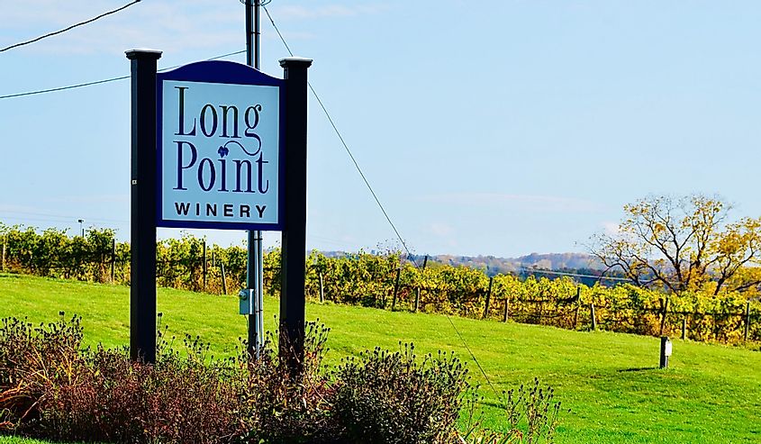 Sign of “Long Point Winery”, situated on the east side of Cayuga Lake, known for producing the finest dry red and white wines.