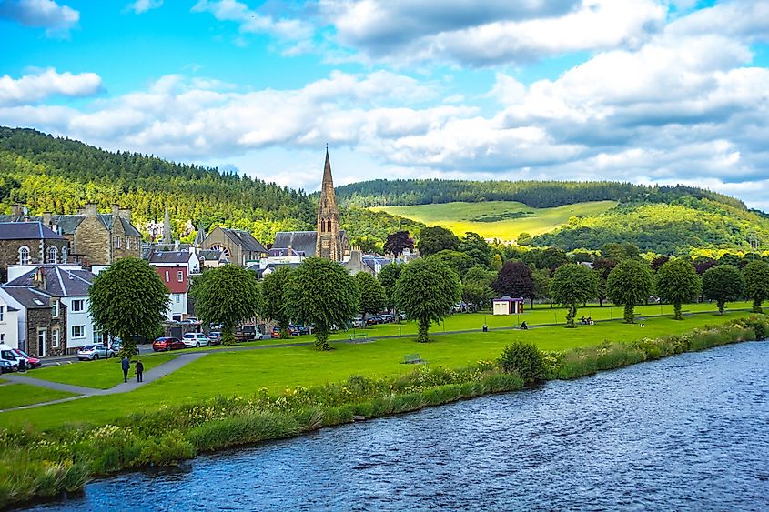 Panorama of Peebles with the River Tweed in the Scottish Borders, Scotland, UK.