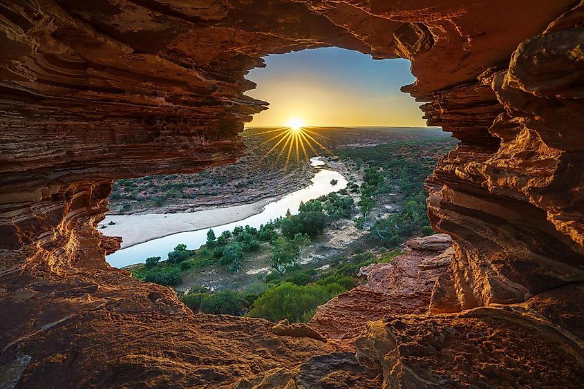 Sunrise at Nature's Window in the desert of Kalbarri National Park, Western Australia.