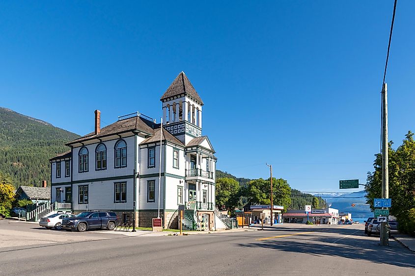 General view of the Kaslo City Hall building established in 1898 in the rural logging town of Kaslo, British Columbia