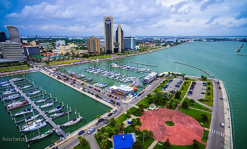 The waterfront of Corpus Christi, Texas, the gateway to Padre Island.