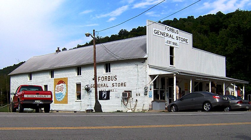Forbus General Store in Forbus, Tennessee, USA. Built in 1892, the store is now listed on the National Register of Historic Places.