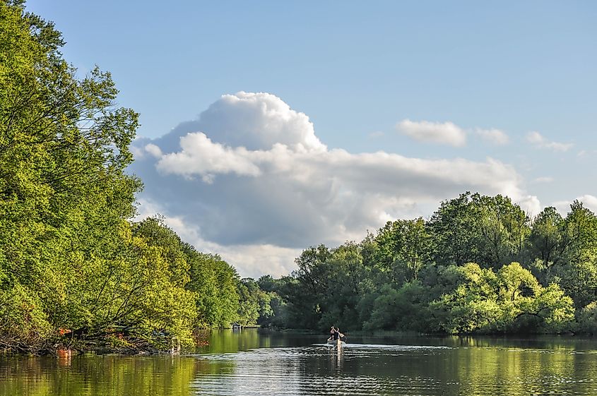 Canoeing on Lake Wallenpaupack in Pennsylvania.