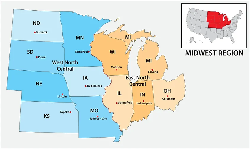 Administrative vector map of the US Census Region Midwest.