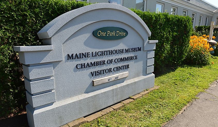 Entrance sign of Maine Lighthouse Museum in downtown Rockland, Maine.