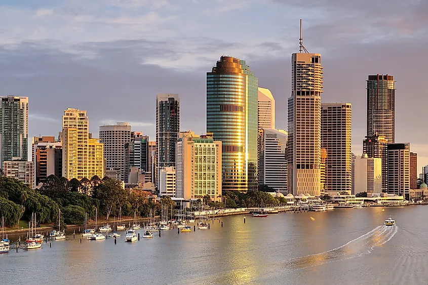 The skyline of Brisbane, Queensland, Australia, along the Brisbane River.
