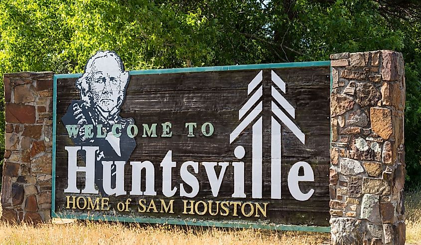 Welcome to Huntsville sign, home of Sam Houston, Texas, USA