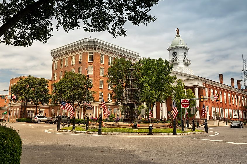 Memorial Square and the Franklin County Courthouse in downtown Chambersburg, Pennsylvania USA