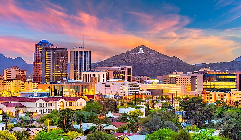 Tucson, Arizona, USA downtown skyline with Sentinel Peak at dusk. (Mountaintop "A" for "Arizona")