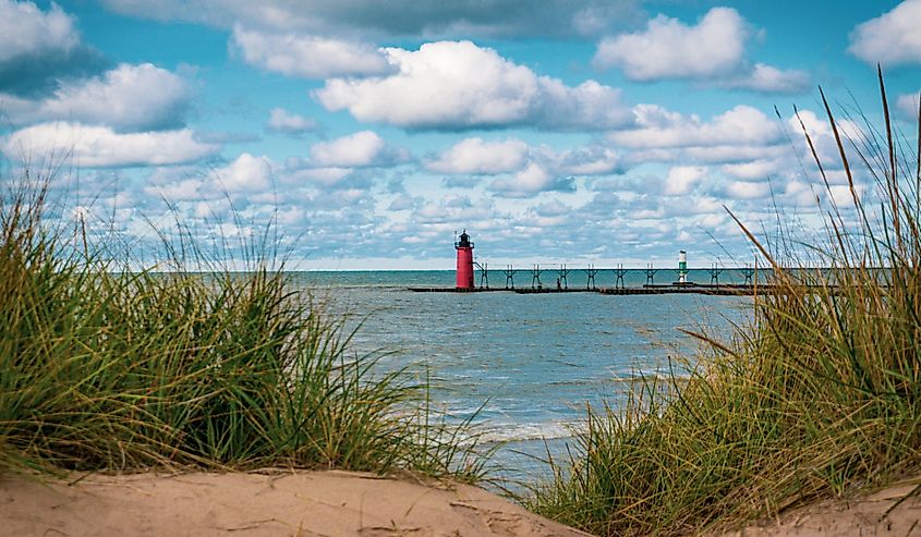 Dune grass with lighthouse south Haven Michigan Lake Michigan shoreline