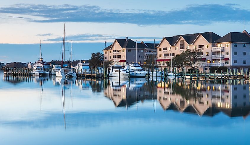 View of the town of Manteo's waterfront marina at daybreak in the Outer Banks of North Carolina.