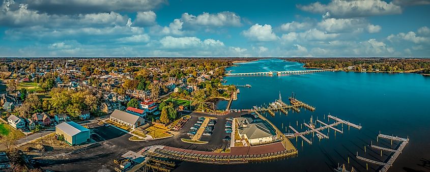 Aerial summer view of colonial Chestertown on the Chesapeake Bay in Maryland, USA.