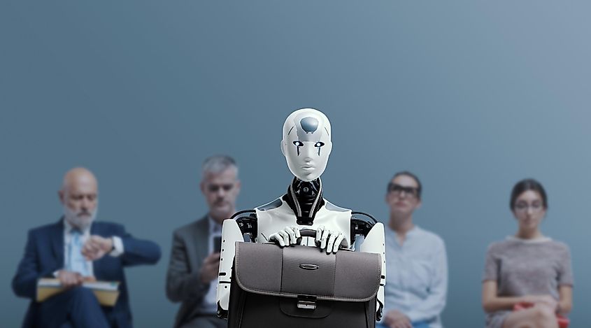 Business people and humanoid AI robot sitting and waiting for a job interview