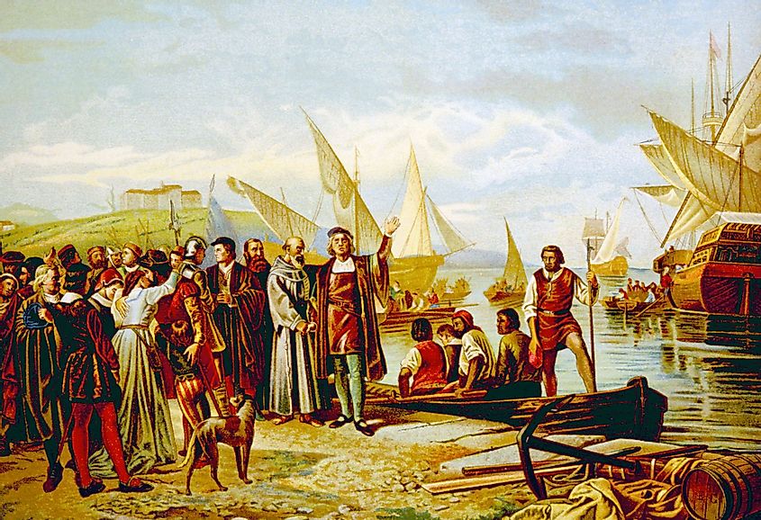 Christopher Columbus' embarkation and departure from the Port of Palos, Spain on August 3, 1492.
