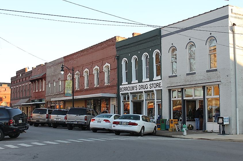 Downtown Corinth with cars parked on the street