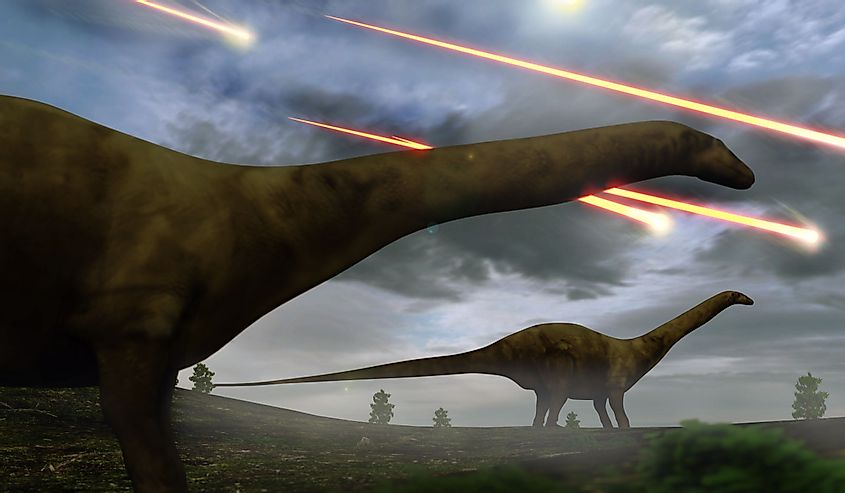 Brontosaurs looking upon the meteors raining down that preceded the larger asteroid strike that would lead to the extinction of the dinosaurs 65 million years ago.