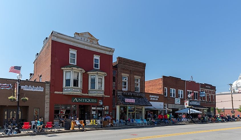 The Historic Building along street, with locals and tourist walking along, in Buckhannon, West Virginia.