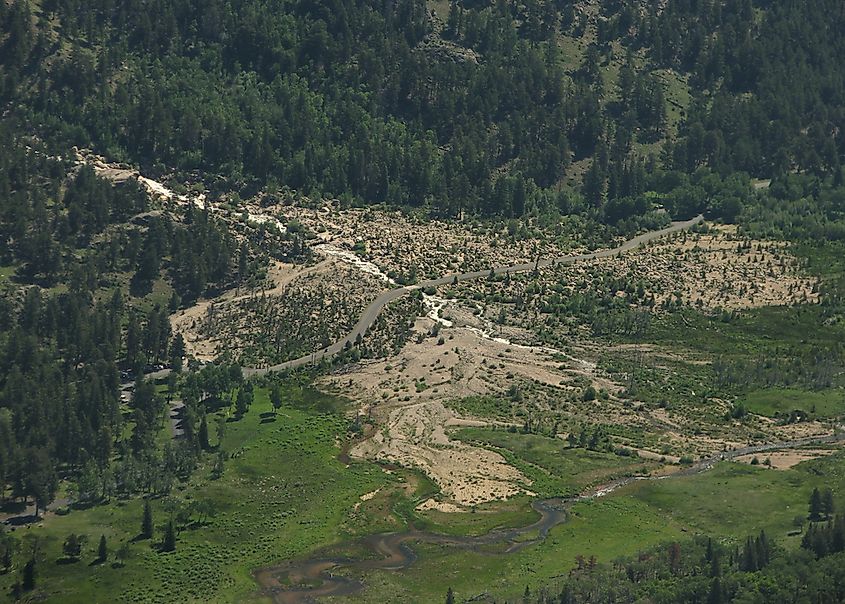 An alluvial fan caused by flooding in Rocky Mountain National Park, Colorado