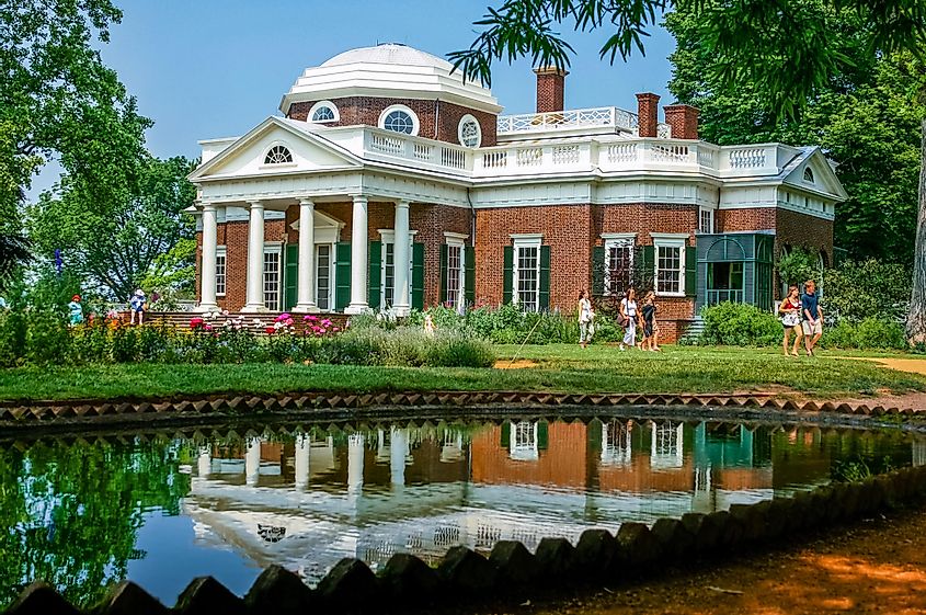 View of Thomas Jefferson's estate Monticello in summer; visitors walking in front of the building; 