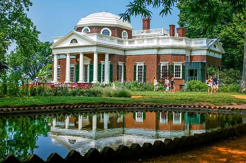 View of Thomas Jefferson's estate Monticello in summer; visitors walking in front of the building;